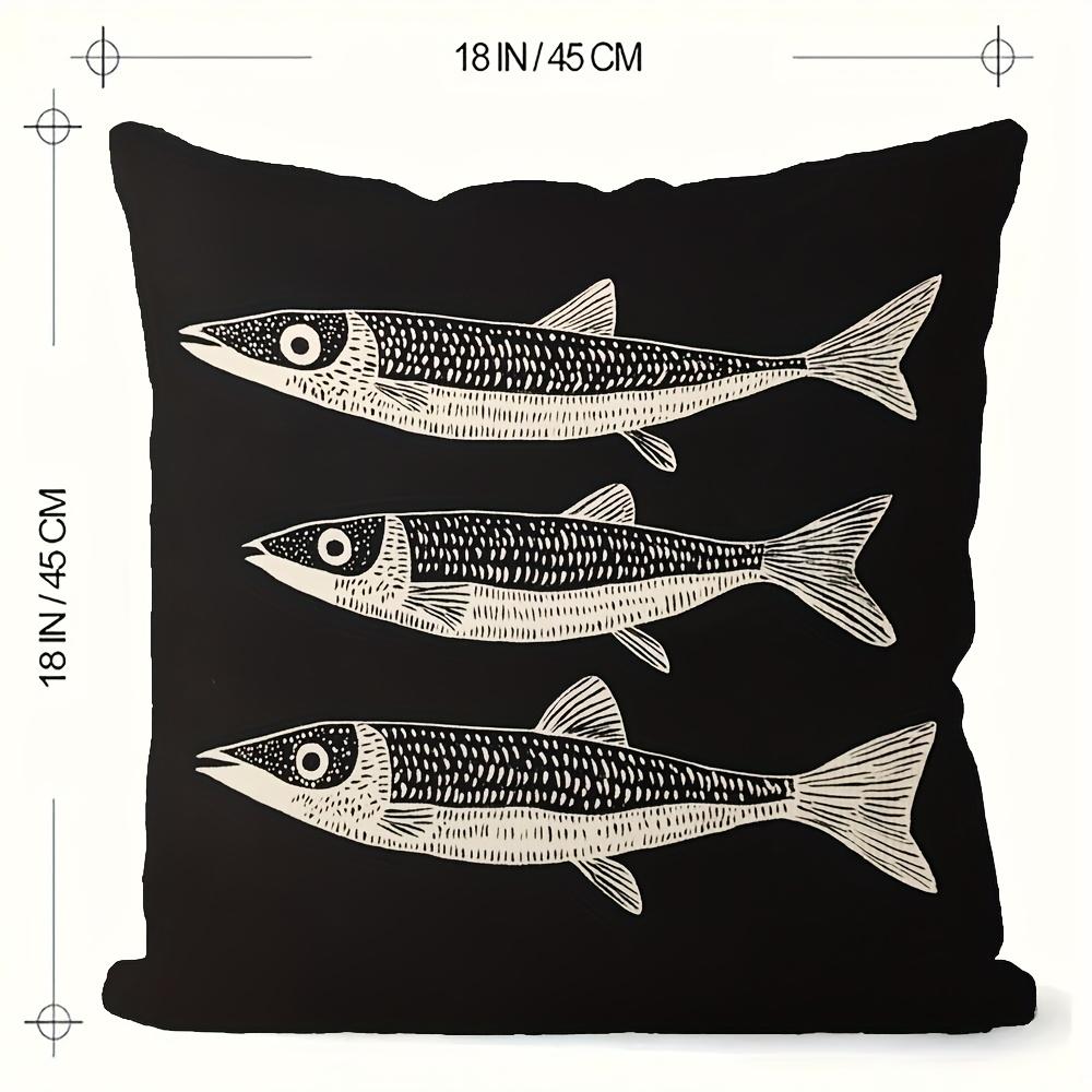 Federa Cuscino Vintage con Motivo di Pesci, Design Tonno Bianco su Sfondo Nero Custodia per Cuscino per Soggiorno Camera da Letto Decorazione per la Casa Regalo
