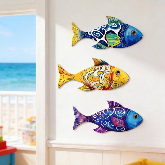 3 Pcs Wooden Fish Wall Decor Beach Lake House Wall Hanging Decoration Ocean Coastal Theme Wall Sculpture for Nautical Bathroom Bedroom Decor