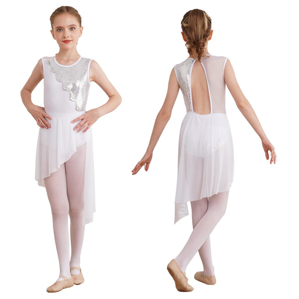 Kids Girls Sleeveless Round Neck Sequins Lyrical Dance Dress Irregular Hem Hollow Back Gymnastics Ballet Leotard Dress