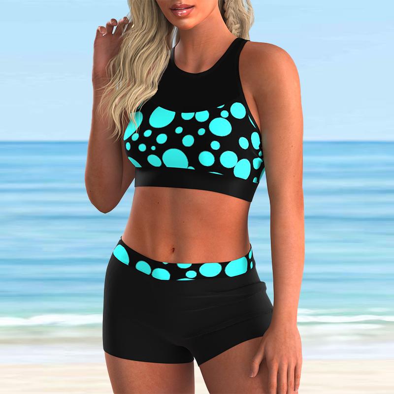 Womens Blue Strap Shoulder Swimsuit Hollow Out Treeprint Bikini Tankini Swimsuit