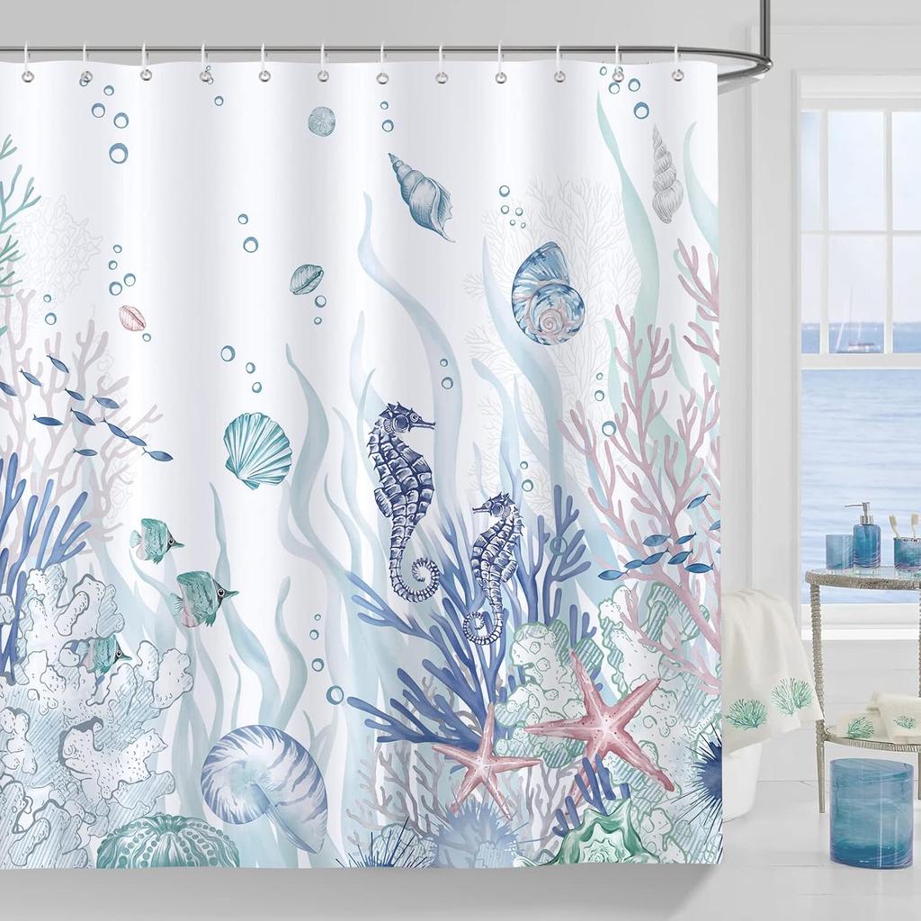 Ocean Themed Coral Seahorse Seashell Starfish Beach Shower Curtain, Polyester Fabric Waterproof Bathroom Curtain With 12 Hooks