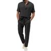 2Pcs/Set Men Summer Outfit Stand Collar Buttons Neckline Short Sleeve T-shirt Elastic Waist Drawstring Pockets Long Pants Set