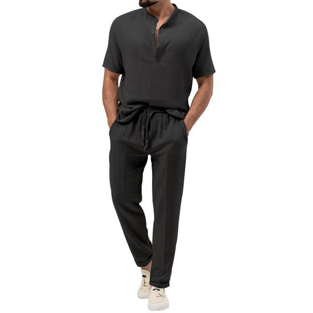 2Pcs/Set Men Summer Outfit Stand Collar Buttons Neckline Short Sleeve T-shirt Elastic Waist Drawstring Pockets Long Pants Set