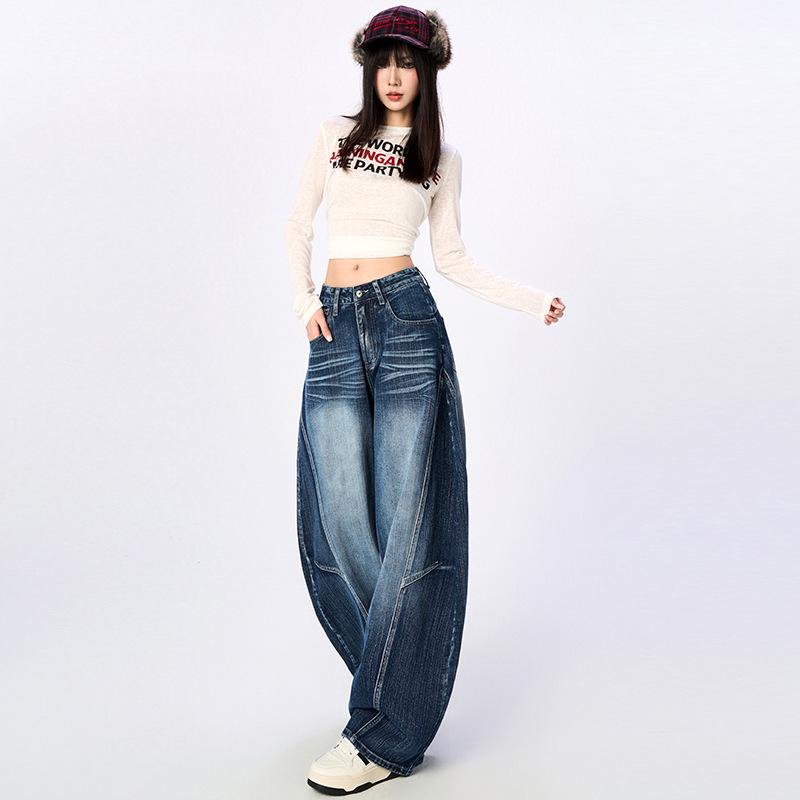2025 New Retro Blue High Waist Slimming Wide Leg Jeans for Women