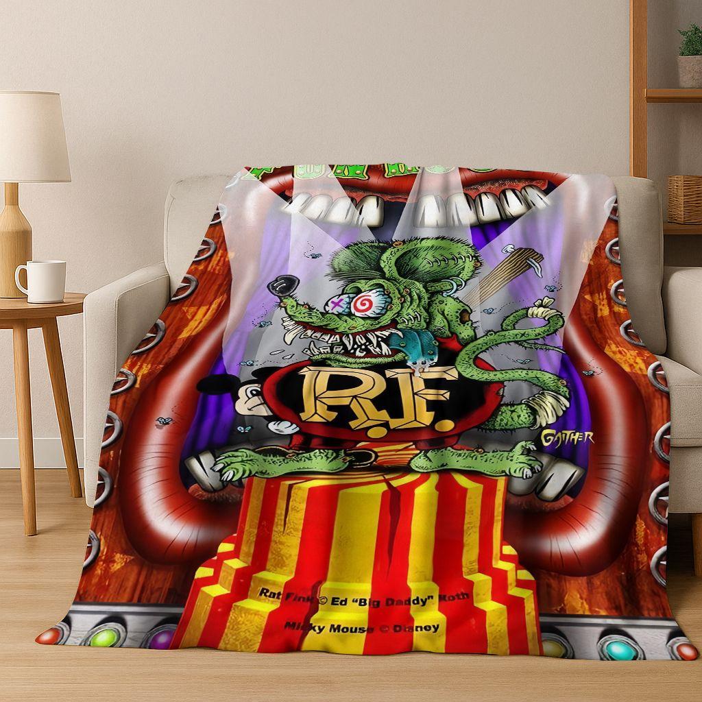 3D Rebellischer RAT FINK Autos Schild Cartoon Flanell Decke, Warme und Gemütliche Weiche Überwurfdecke für Zuhause Schlafzimmer Bett Sofa Picknick Abdeckung