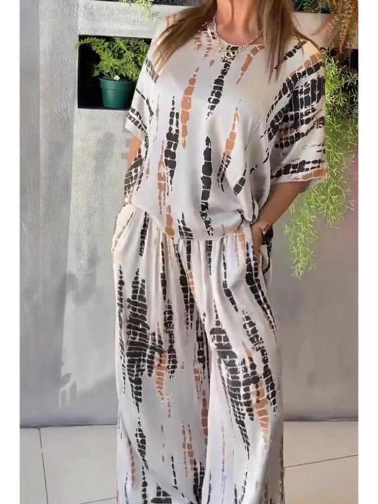 Conjunto de Dos Piezas Holgado con Estampado de Moda y Cuello Redondo para Mujer Verano 2025