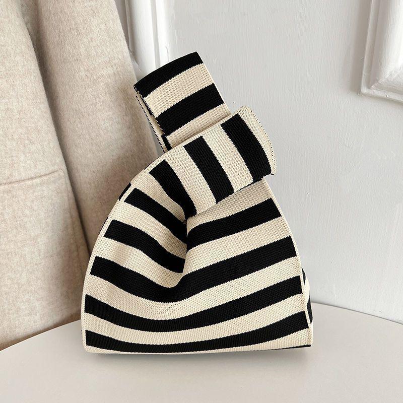 New Wide Striped Handmade Knitted Handbag Minimalist Korean Women Mini Knot Wrist Bag Tote Bag Student Reusable Shopping Bags CLE