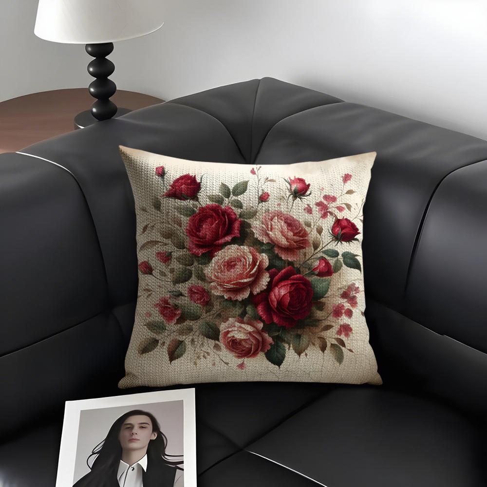 Rose Elegant Cushion Cover Natural Linen Organic Fabric Double-Sided Printing Sofa Home Decor Gift Pillow Case