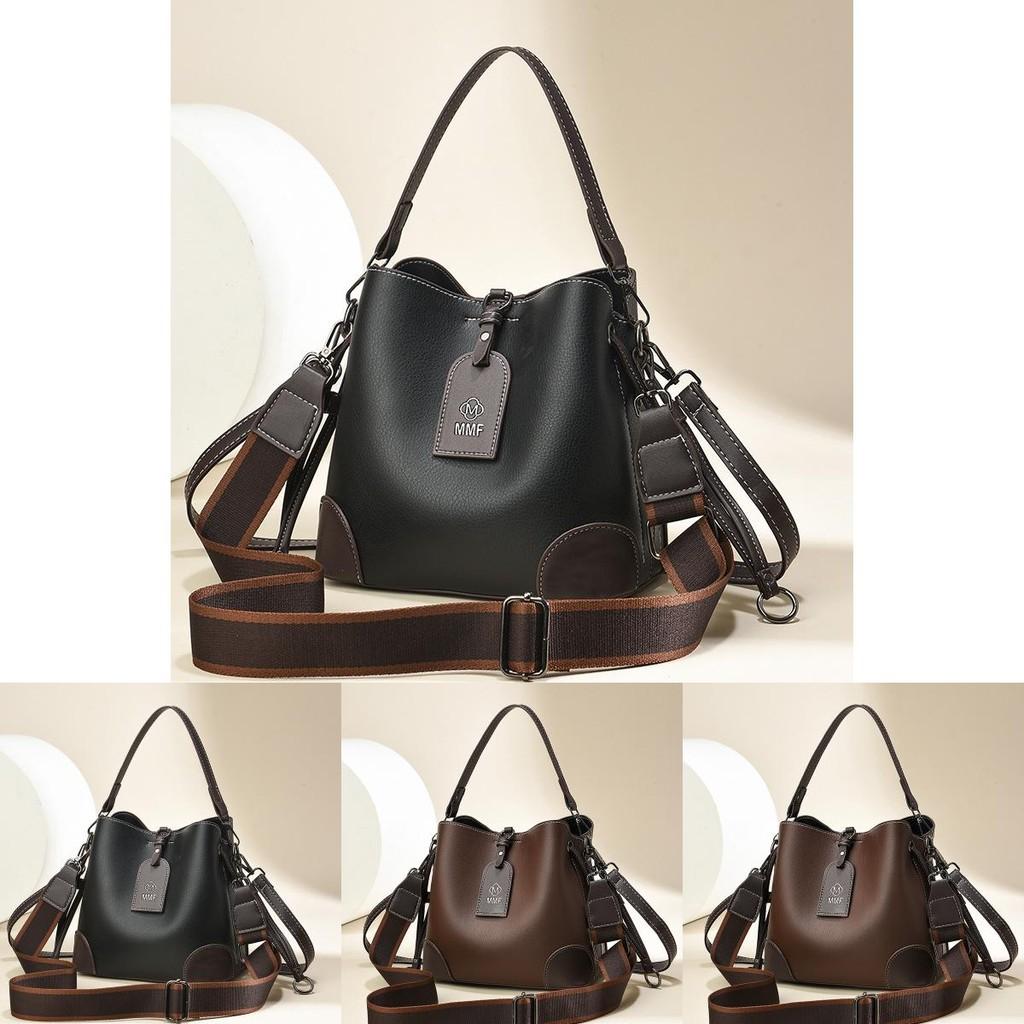 Fashionable Women's Bucket Bag Large Capacity Vintage Style With Wide Shoulder Strap In Black And Coffee