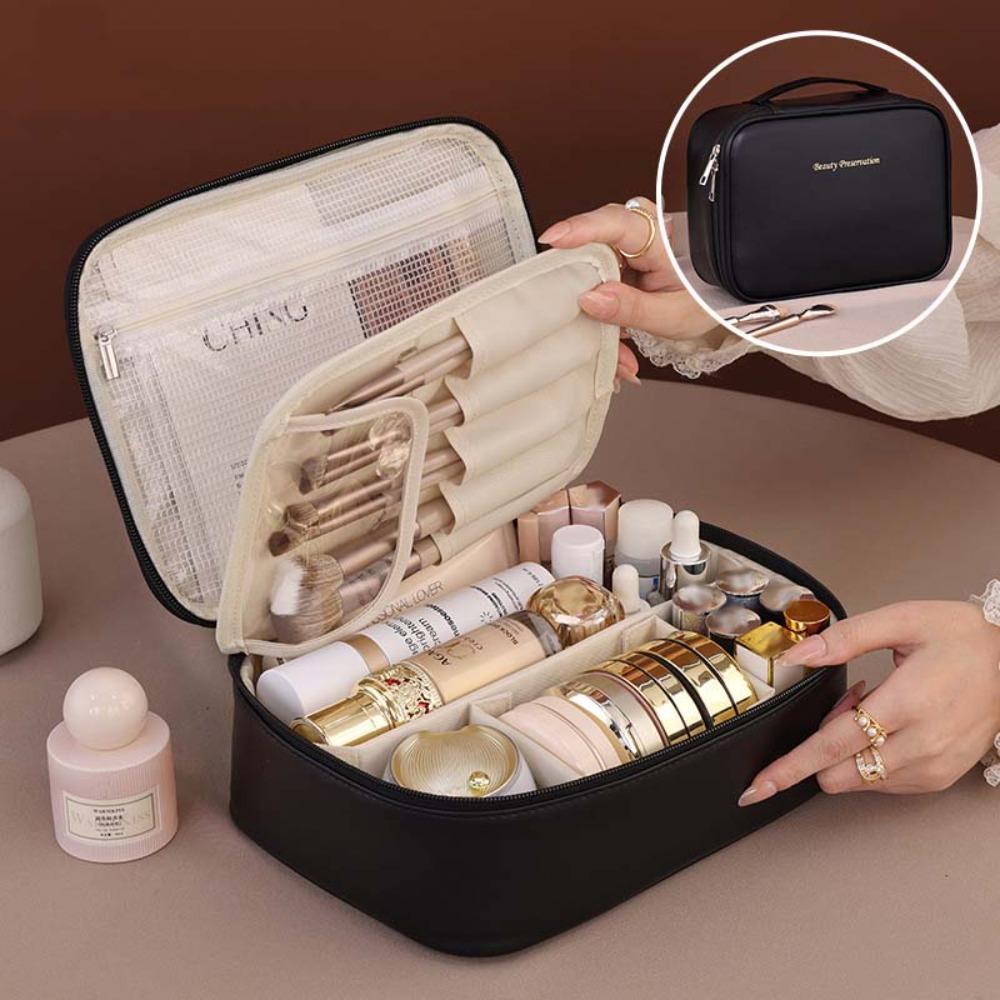 Square PU Leather Cosmetic Bag Detachable Zipper Makeup Pouch Bag Large Capacity Korean Style Travel Wash Bag Female/Girls