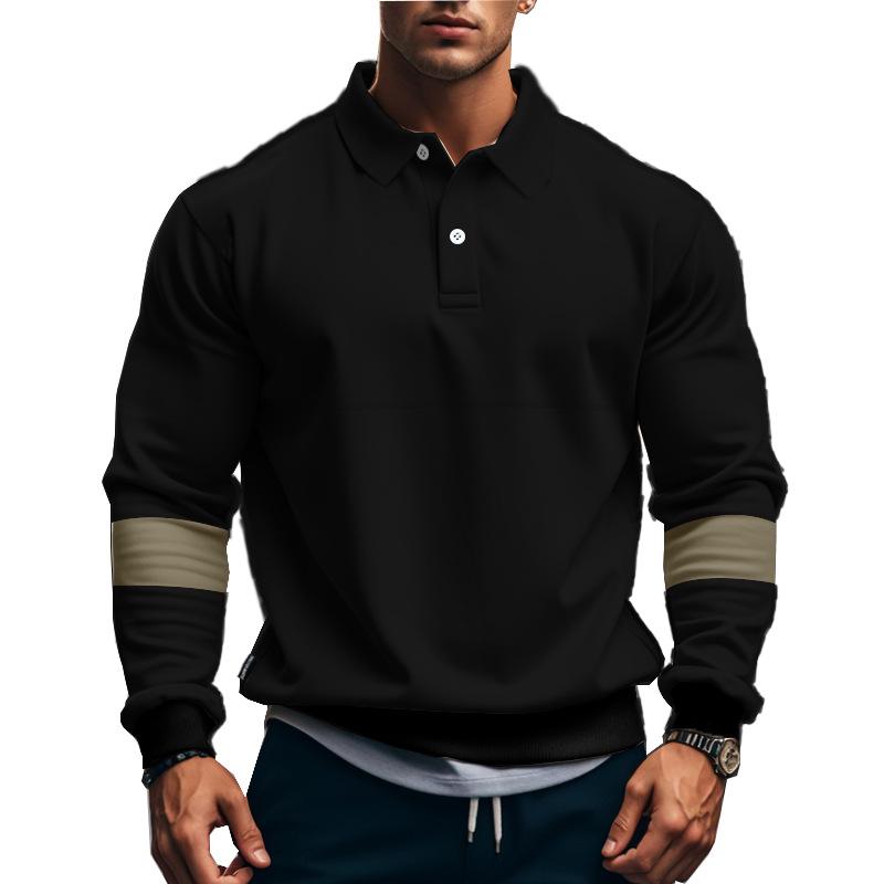 Autumn and Winter Retro Heavy Duty Lapel Tie Button Men's T-shirt Loose Colour Blocking Big Size Long Sleeve Polo Shirt Man