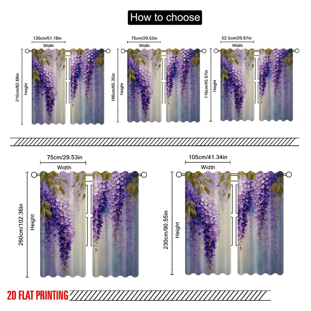 2pcs  2D Plane Printing Pattern Curtains Purple Wisteria Versatile Durable Polyester (without Rod) Decorations For Home Use for