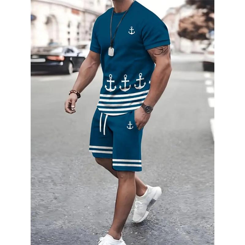 Summer Anchor Flower 3D Print T-Shirts Shorts Sets Men's Tracksuits Oversized Short Sleeve T Shirt Pants Set Man Suits Clothing