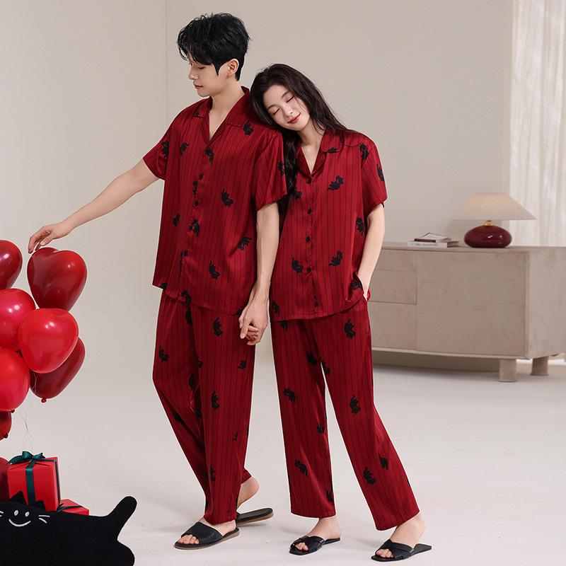 Couple Pajamas Ice Silk Summer Wedding Short Sleeves Trousers Red Loungewear Women's Wedding Engagement Men's Suit