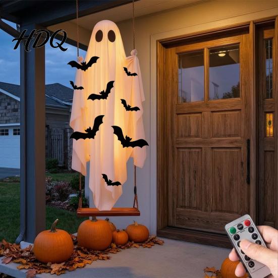 Halloween Atmosphere Set Large Hanging Swing Ghost Decoration Light Up Spooky Swinging Breathable Polyester with 3D Bats for Front Porch Yard,