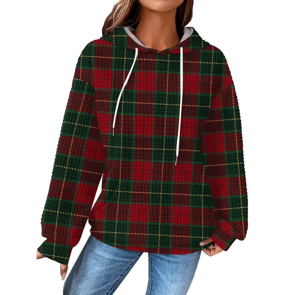 Women's Fashion Loose Hooded Pullover Long Sleeve Plaid Sweatshirt with Drawstring Drop Shoulder and Pocket Print Top