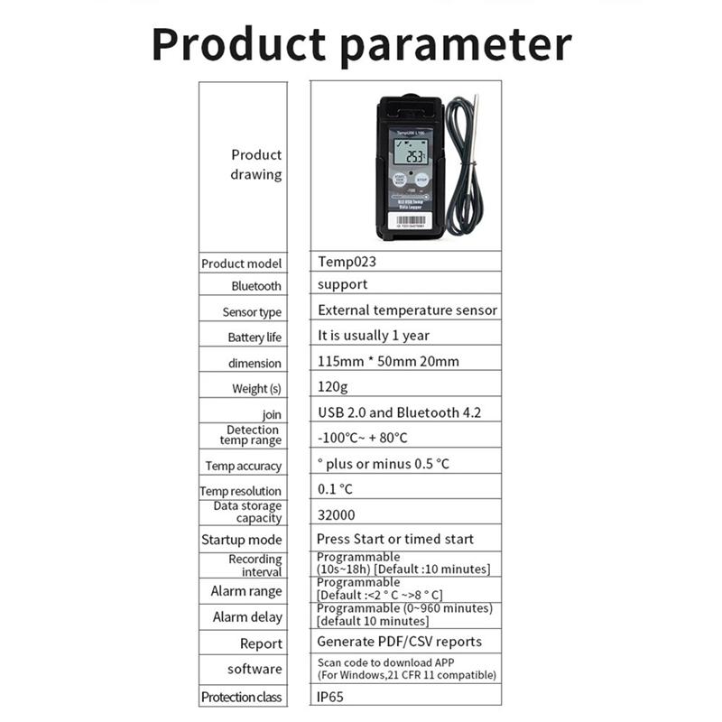 A96I-Tempu06 -100°C Low Temperature Data Logger Digital 32000 Points Bluetooth USB Temperature Recorder Forcold Chain Storage