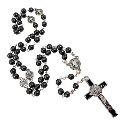 Amulets & Talismans TALISMAN4U Black Catholic Rosary Necklace with Hematite Beads Benedict Medal Cross Silver St. & , Zinc, Plated.