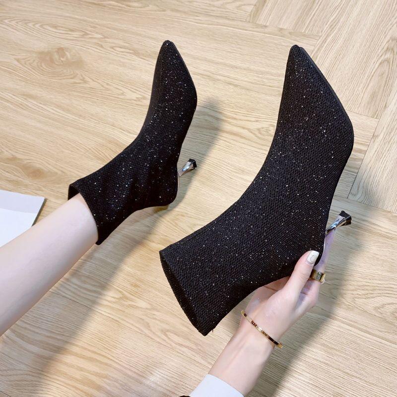 Pointed Toe Heeled Women's Ankle Boots Autumn Winter Elastic Female Short Shoes New In Chic and Elegant Booties On Promotion