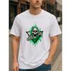 Tamanhos Europeus Camiseta Masculina Crânio com Chifres e Chama VerdeGótico Metal, Estampa Respirável, Elasticidade Média, Estilo Casual