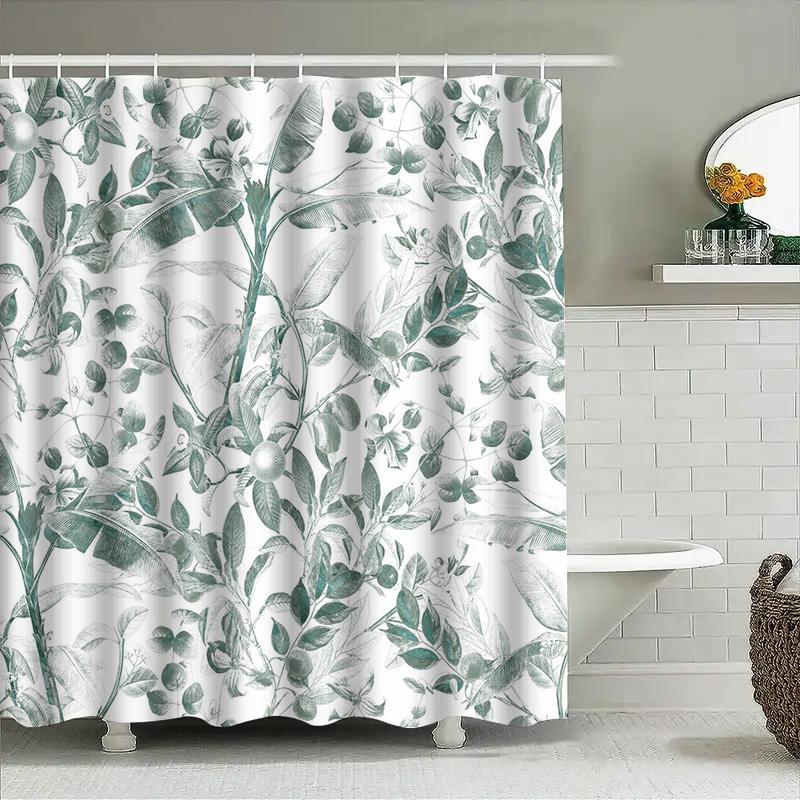Grüne Blätter Duschvorhang Badezimmerdeko Wasserdichter Stoff Blumenmuster Badematten-Set Elegantes Design Heimtextil Handtuch Hangi