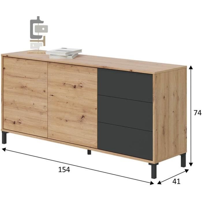 2-door, 3-drawer Sideboard - Melamine Particleboard - Oak and Black - BROOKLYN L 154 Cm X D 41 Cm X H 74 Cm