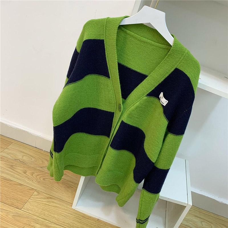 Green Jacket Cardigan Women Autumn Loose Striped V-Neck Comfortable Top Stretchy Casual Versatile
