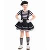 Girls Silent Actor Mime Artist Costume Funny Black White Clown Cosplay Dress for Halloween Carnival Party Outfits