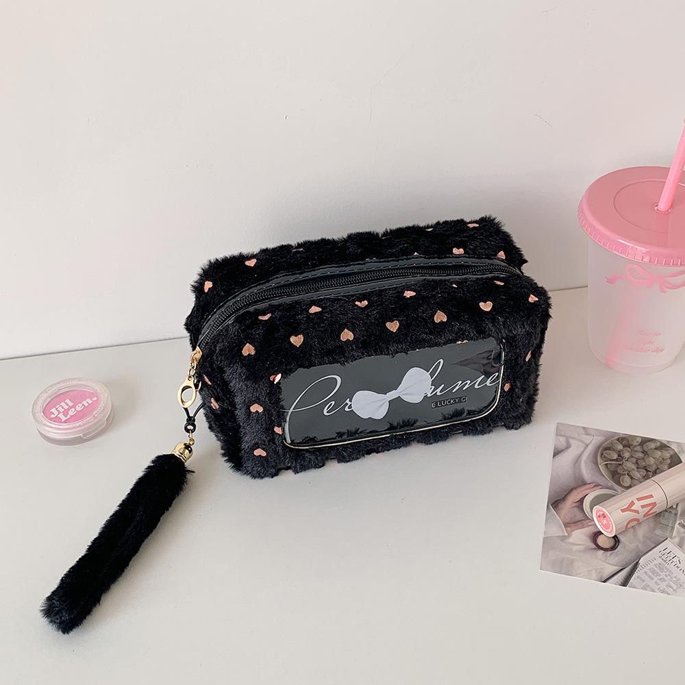 Candy Color Plush Makeup Bag Transparent Cosmetic Bag Girl Bow Pencil Case Stationery Pouch Student Makeup Organizer Wash Bag