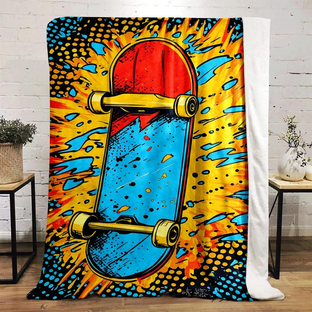 Skateboard im Comic-Stil mit dynamischen gelben, blauen und roten Spritzereffekten. Decke für alle Jahreszeiten Mittagspause Überwurf Geschenk