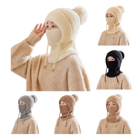 Yousheng Women Windproof Knitted Hat with Fleece Lining 3-in-1 Hooded Scarf Cold Weather Skiing Hiking Headgear