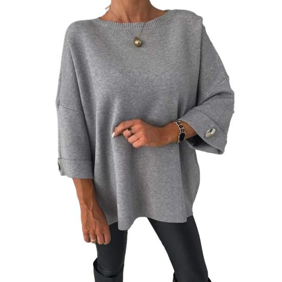 Women Round Neck Shirt Long Sleeve Casual Sweater Jacket with Bright Button Cuffs Loose Knit Top for Daily Wear