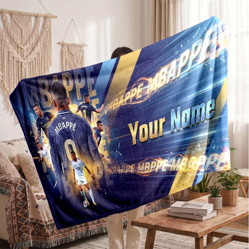 Kylian Mbappe Personalisierte Fleecedecke Mit Fußballlogo, Individueller Name Text Weich Warm Wohnzimmer Überwurfdecke