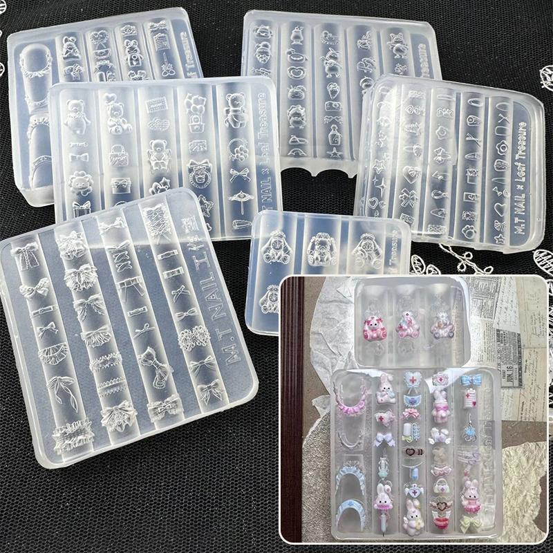 3D Nail Art Decorations Bear Rabbit Silicone Carving Mold Uv Gel Polish Stamping Stencils Relief Bowknot Diy Design Nail Charm