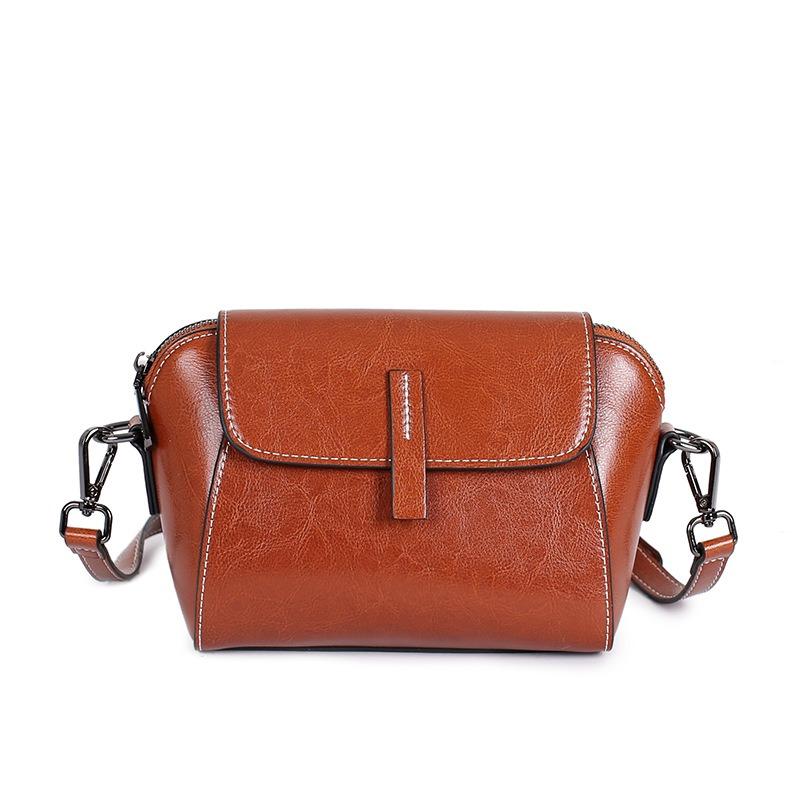 New Leather Women's Bag Oil Wax Cowhide Shoulder Bag Versatile Casual Fashion Portable Messenger Shell Bag