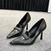 Black Temperament Pointed Cut Men Shallow Mouth High Heels Women 2025 New Retro Socialite Small Square Buckle Commuter Single Shoes Women