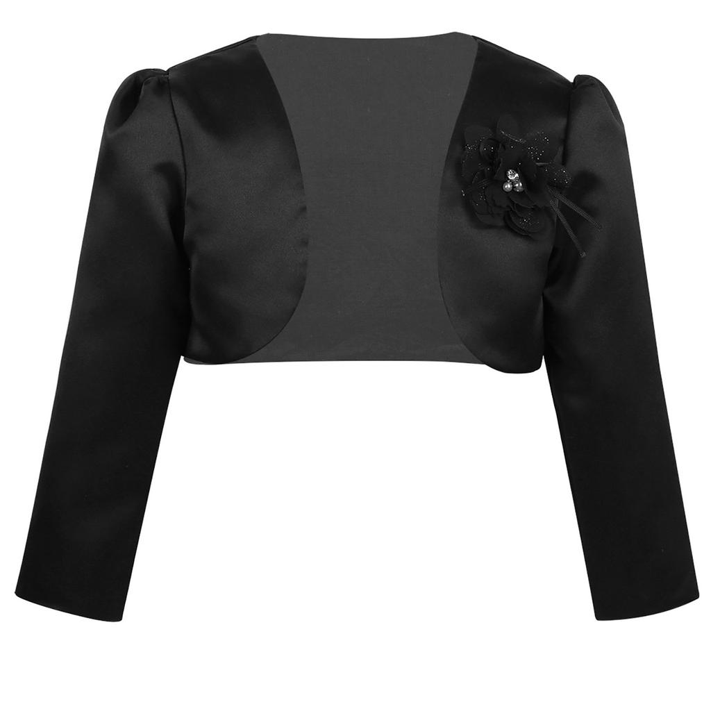 Kids Girls Long Sleeve Flower Satin Bolero Shrug Cardigan Wedding Bridesmaid Birthday Party Coat