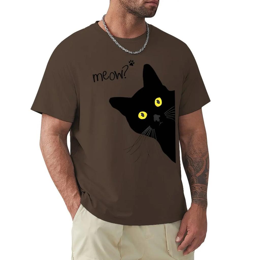 Meow Black Cat Funny Printing Men T-Shirts Breathable Tee Clothes Summer Streetwear Tops Oversized Loose Cotton Short Sleeve
