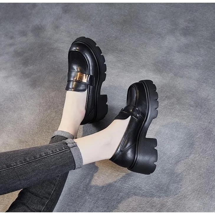 Damskie Loafersy na Grubej Platformie na Wiosnę i Jesień Styl Brytyjski Retro Miękkie Skórzane Buty