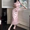 Elegant Satin Jacquard Qipao Dress with Stand Collar and Waist-Cinching Design for Early Summer
