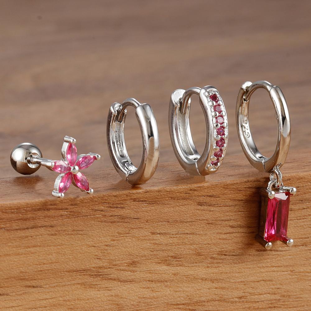 4PCS Exquisite Stainless Steel Flower Square Earrings Set for Women Gold Plated Huggie Dangle Earring Piercing Jewelry Aretes