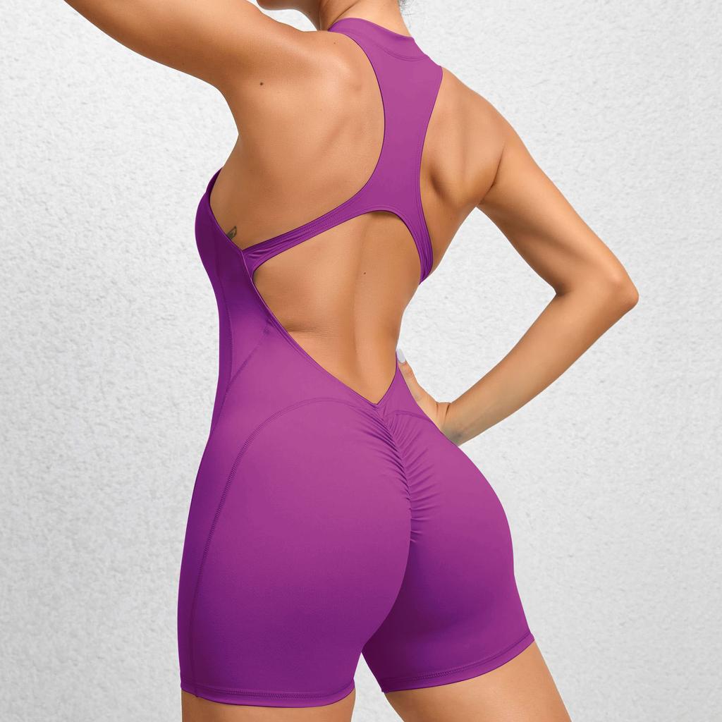 Sexy Hollow Backless Scrunch Butt Sport Jumpsuit Short Woman One Piece Gym Outfit Sleeveless Zipper Fitness Overalls Yoga Romper