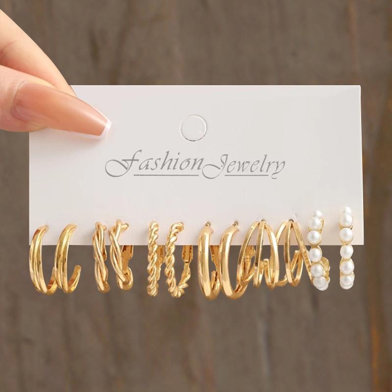 Gold Color Vintage Circle Hoop Earrings for Women Girls Simple Fashion Geometric Drop Earring Set Trendy Jewelry Party