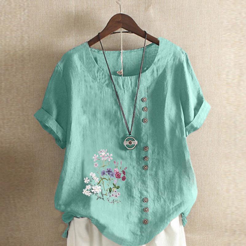 Women's Fashion Flowers and Plants Prined Short Sleeve T-shirt Loose Cotton Shirt Casual Loose Summer Blouse Tops Plus Size