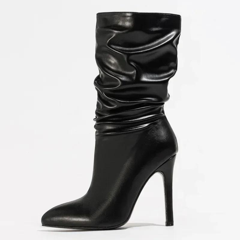 Women Side Zipper High Thin Heel Mid-calf Boots for Office Business Nightclub Party Wedding Model Catwalk Show