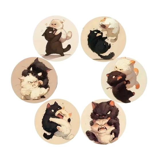 6Pcs Cute Wooden Cat Coaster, Cartoon Heat Insulation Mats for Table, Non Slip Drink Coasters for Coffee Cups