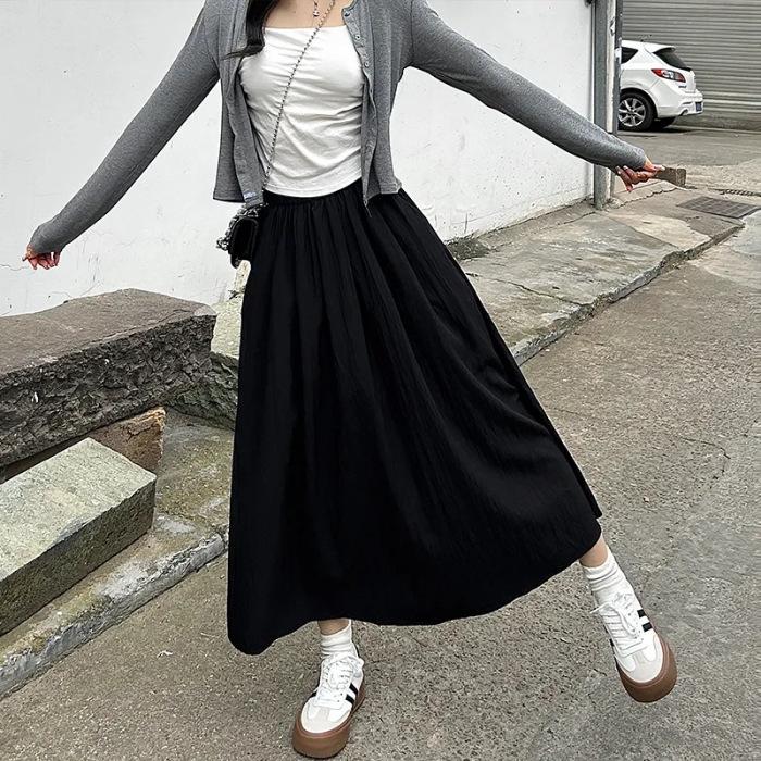Women's Spring/Fall Loose-Fit High-Waisted Skirt: Slimming, Pleated, Solid Color, Elastic Waist, A-Line, Mid-Length