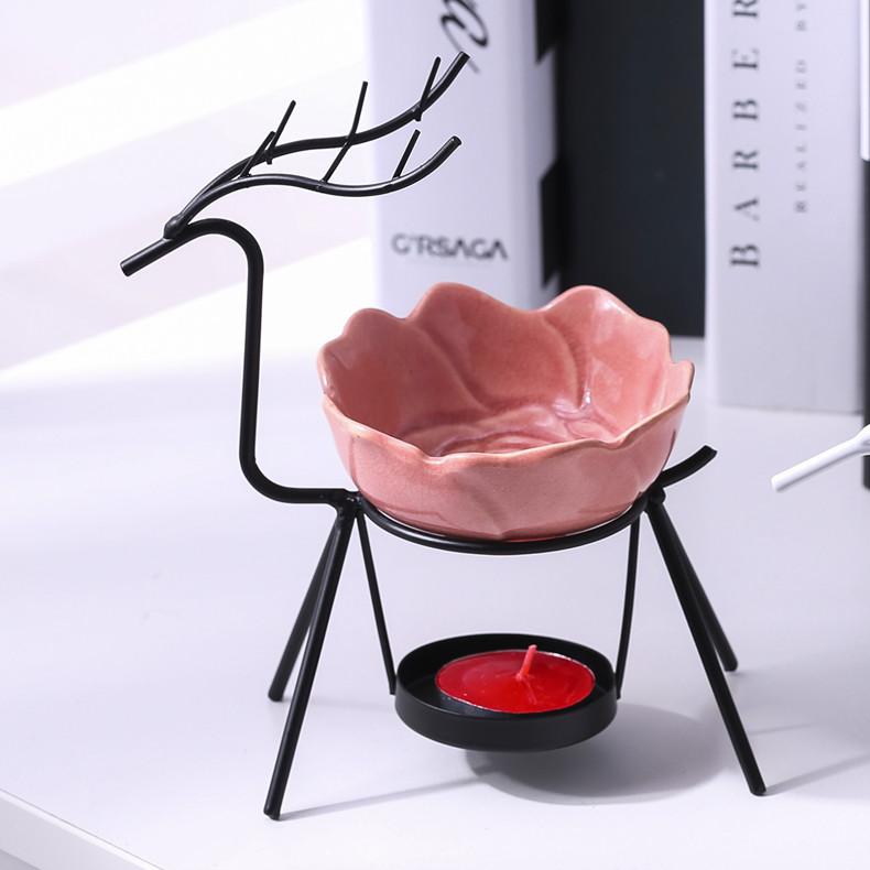Petit Cerf Art du Fer Brûleur d'Huile Cire Fondante Bougeoir en Céramique Chauffeur d'Huile de Sésame Pièce Spa Yoga Méditation Décoration Maison