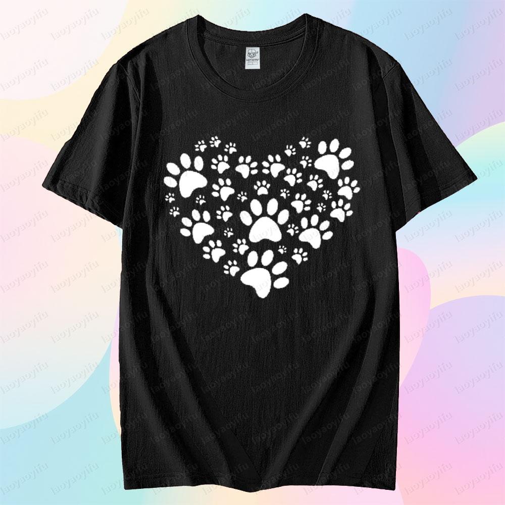 Cute Pet Footprint Print Tshirt Footprint Heart Shape Creative Design Tshirt Women Men Crewneck Cotton Short Sleeve Unisex Tee