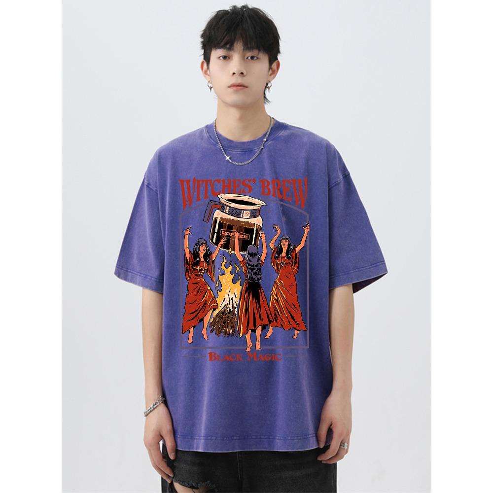Witches Brew Coffee Black Magic Washed Retro Erkek Üstleri Bol Sokak Tişörtü Yaz Tişörtü Büyük Boy Bol Tişörtler